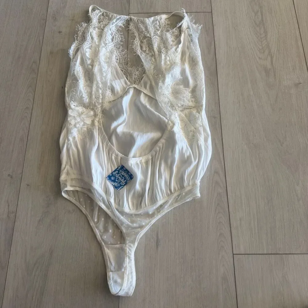 Free People Melrose Bodysuit Lace Inlay Satin White size S